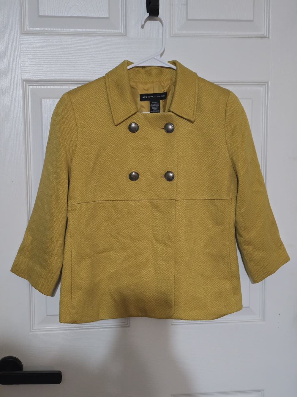 New York & Company Mustard Double-Breasted Cropped Pea Coat